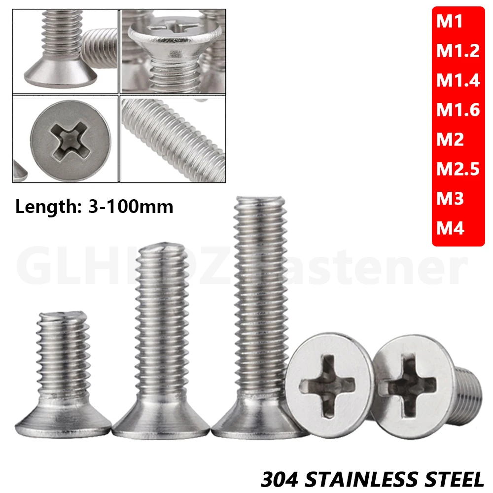 M1 M1.2 M1.4 M1.6 M2 M3 M4 Flat Head Countersunk Machine Screw Phillips Drive Bolt 3-100mm Coarse Thread A2 304 Stainless Steel