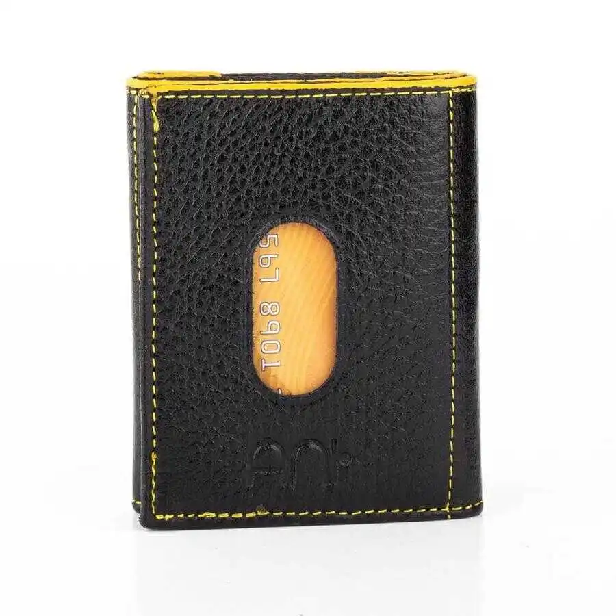 Twelve Genuine Leather Vertical Card Holder Wallet Black-Yellow Detailed Purse Casual For a Lifetime Money Pocket Good Quality