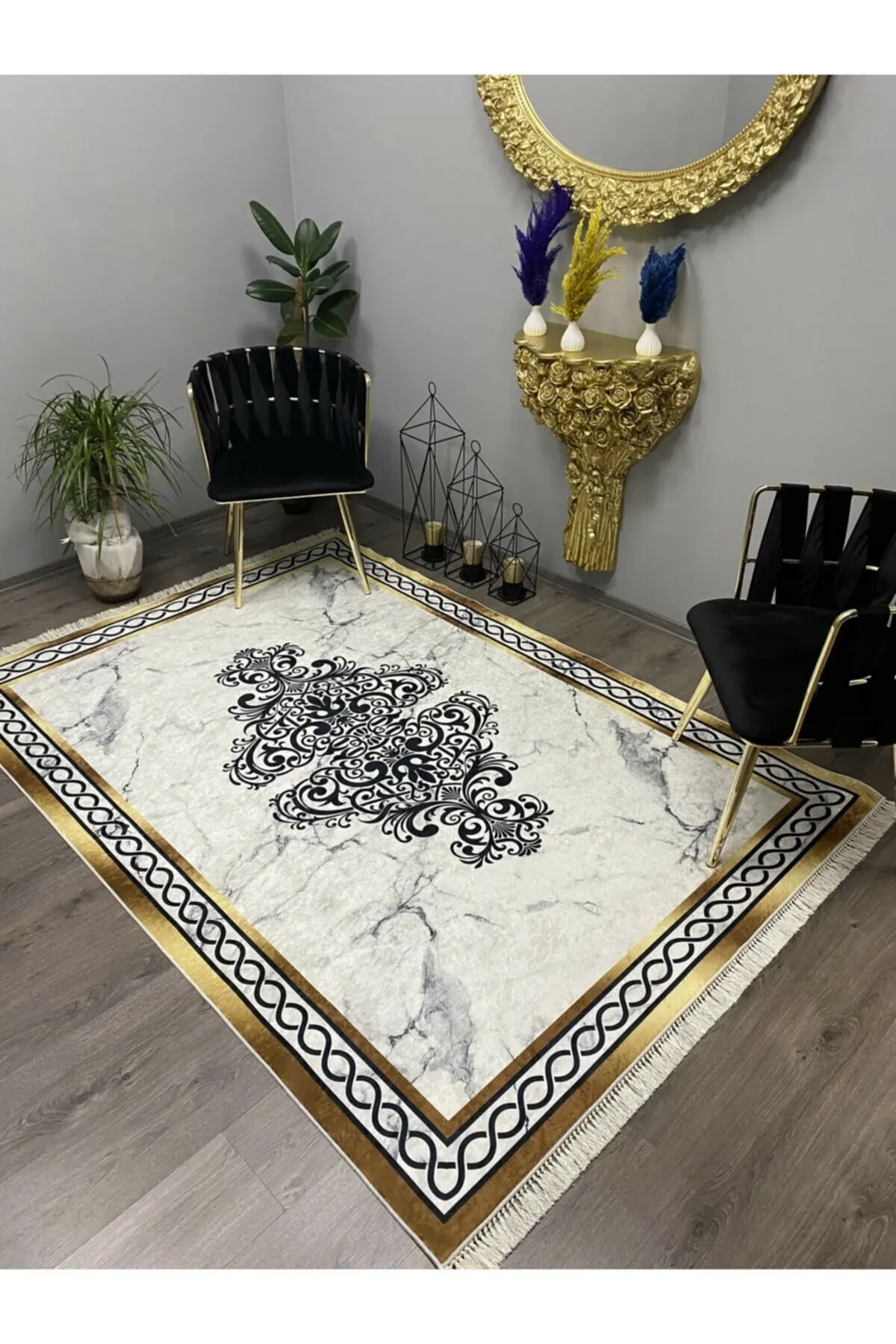 

Gold Striped Marble Patterned Salon Rug Washable Thai Hair Fabric Faux Leather Non-Slip Base High Quality Printing Custom Production