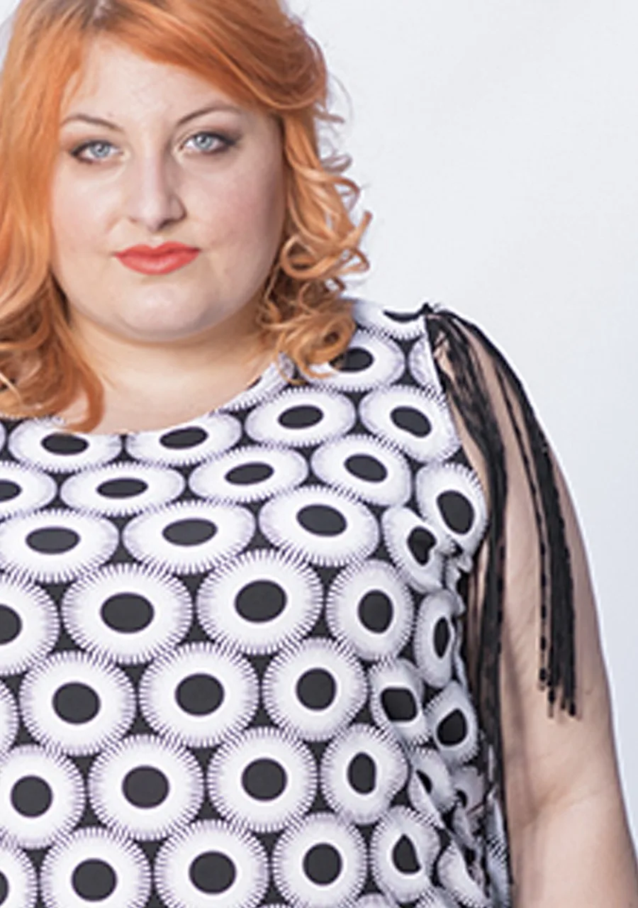 Black and White women's blouse with circuls topos stamping. An unstained garment with fringe