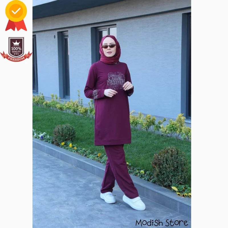 Stone Printed Sports Double Muslim Sets abiti turchi di grandi dimensioni Dubai Abaya Muslim Fashion Ramadan Islamic Modest Dress