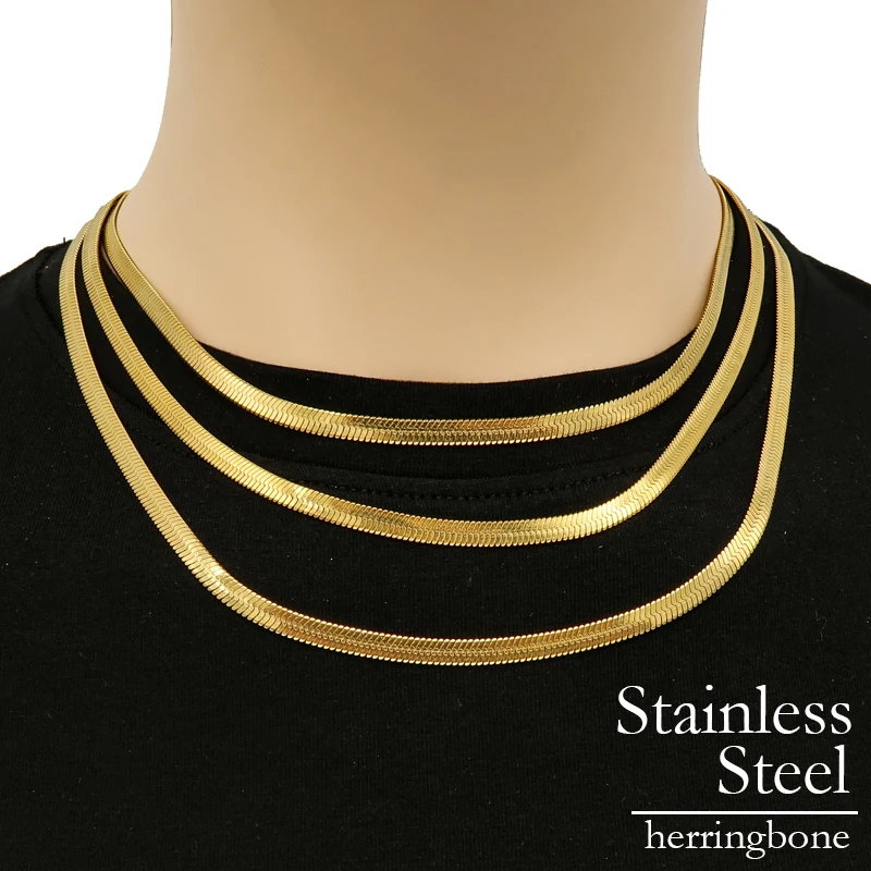 10 Pieces Herringbone Necklace Gold Color Stainless Steel Flat Snake Chain for Women Wholesale