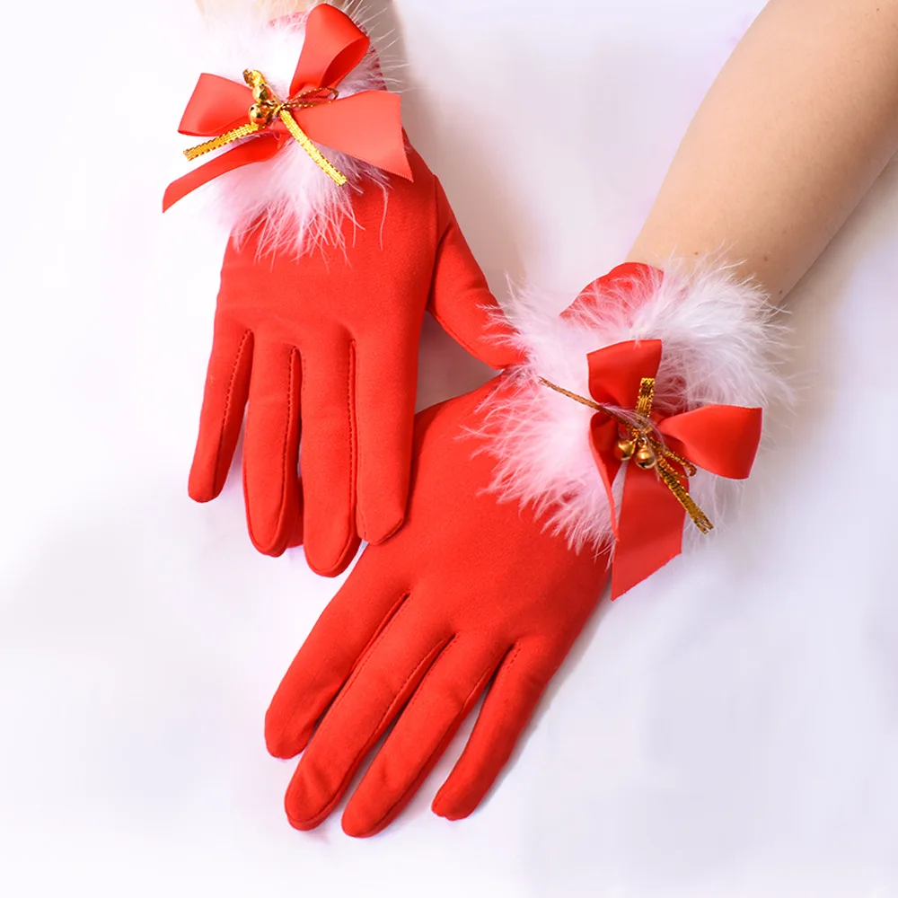 Gants courts rouges en Spandex à la mode pour femmes, mitaines de fête de noël avec clochettes, Costume de bal de fin d'année