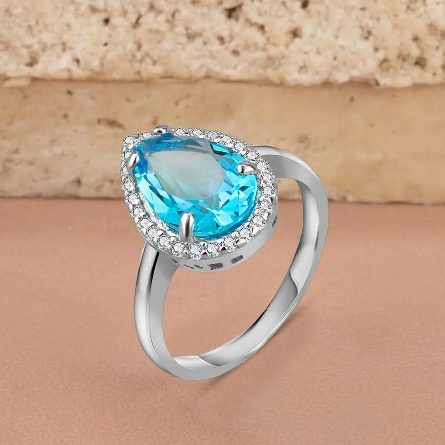 925 Sterling Silver Zircon Stone Engraved Ladies Ring Drop Model With Blue Stone Turkish Premium Quality Handmade Jawelery