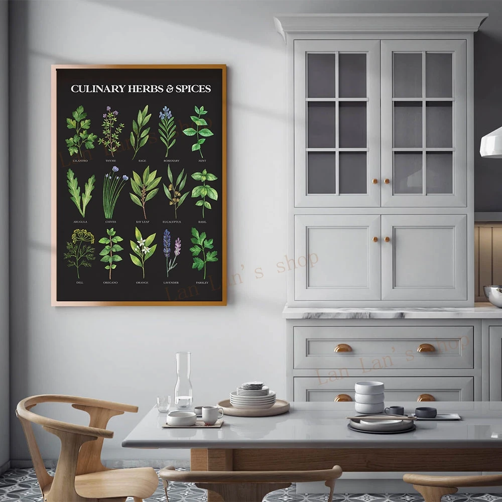 Watercolor Herbs Print Kitchen Wall Art Decor Culinary Herbs and Spices Poster Canvas Painting Wall Picture Frameless Painting