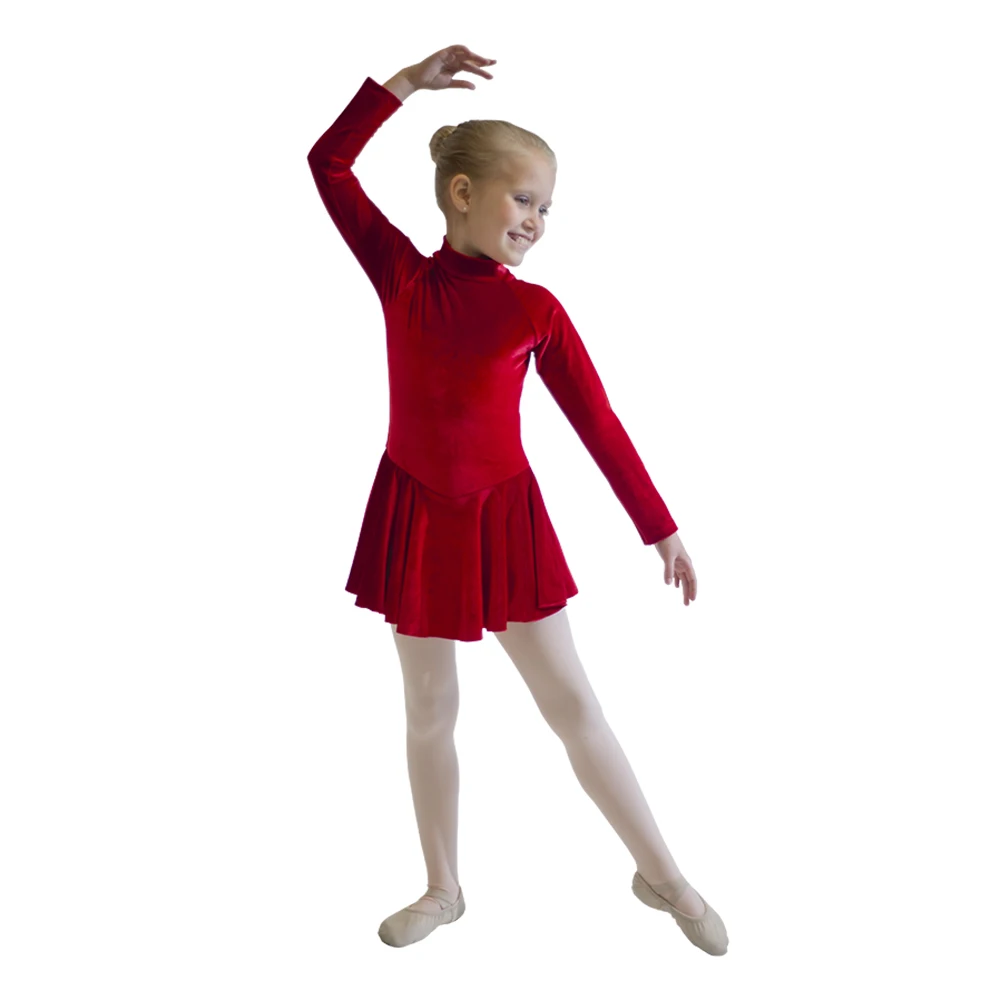 Ice Skating Velvet Long Sleeve Dance Leotard Dress Skirts Girls Dancing Outfit Warm Winter Dancing Clothes