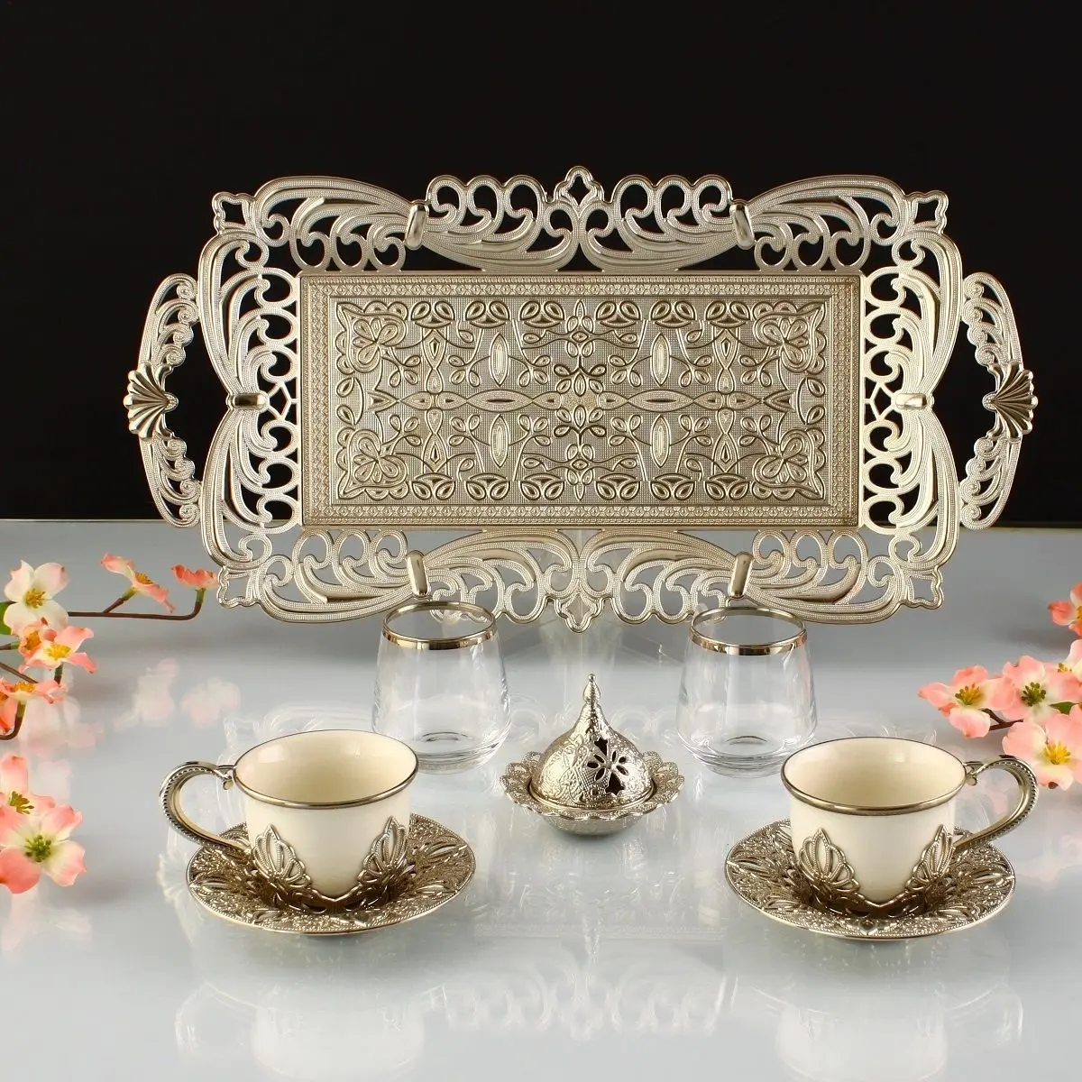 Black and White Turkish Coffee Cup Sets with Double Serving Tray Silver and Gold 8 Pieces Authentic Ottoman 90ml