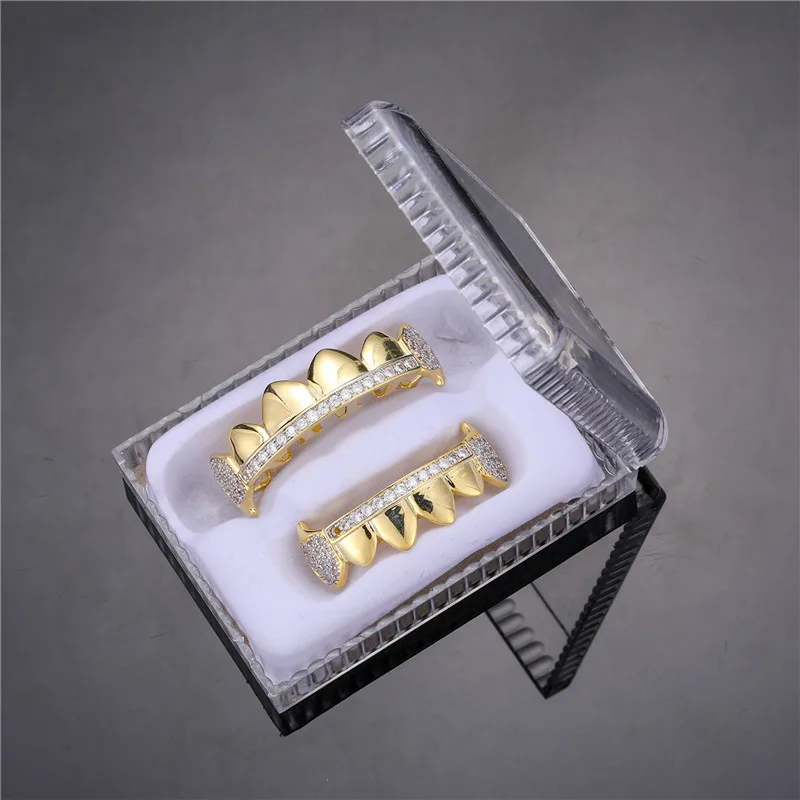 Hip Hop Bling Teeth Grillz Set Iced Out Grillz Caps Cubic Zircon Micro Pave Top & Bottom Charm Grills For Men Women Jewelry