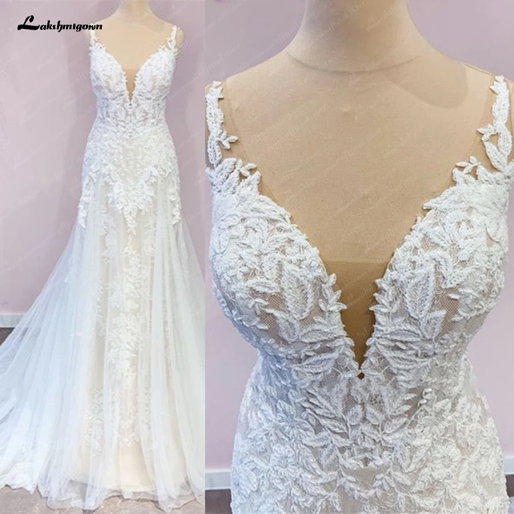 

Elegant Deep V-Neck Lace Wedding Dresses Sleeveless Netting Appliques Mermaid Bridal Gowns Summer Wedding Party Gown trouwjurk