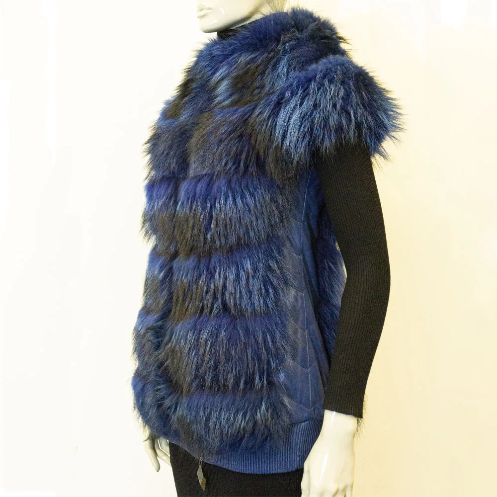 Women Autumn Winter Spring Original Natural Fox Fur  Blue %100 Genuine Leather Comfortable Famale Sleeveless Fox Collar Vest