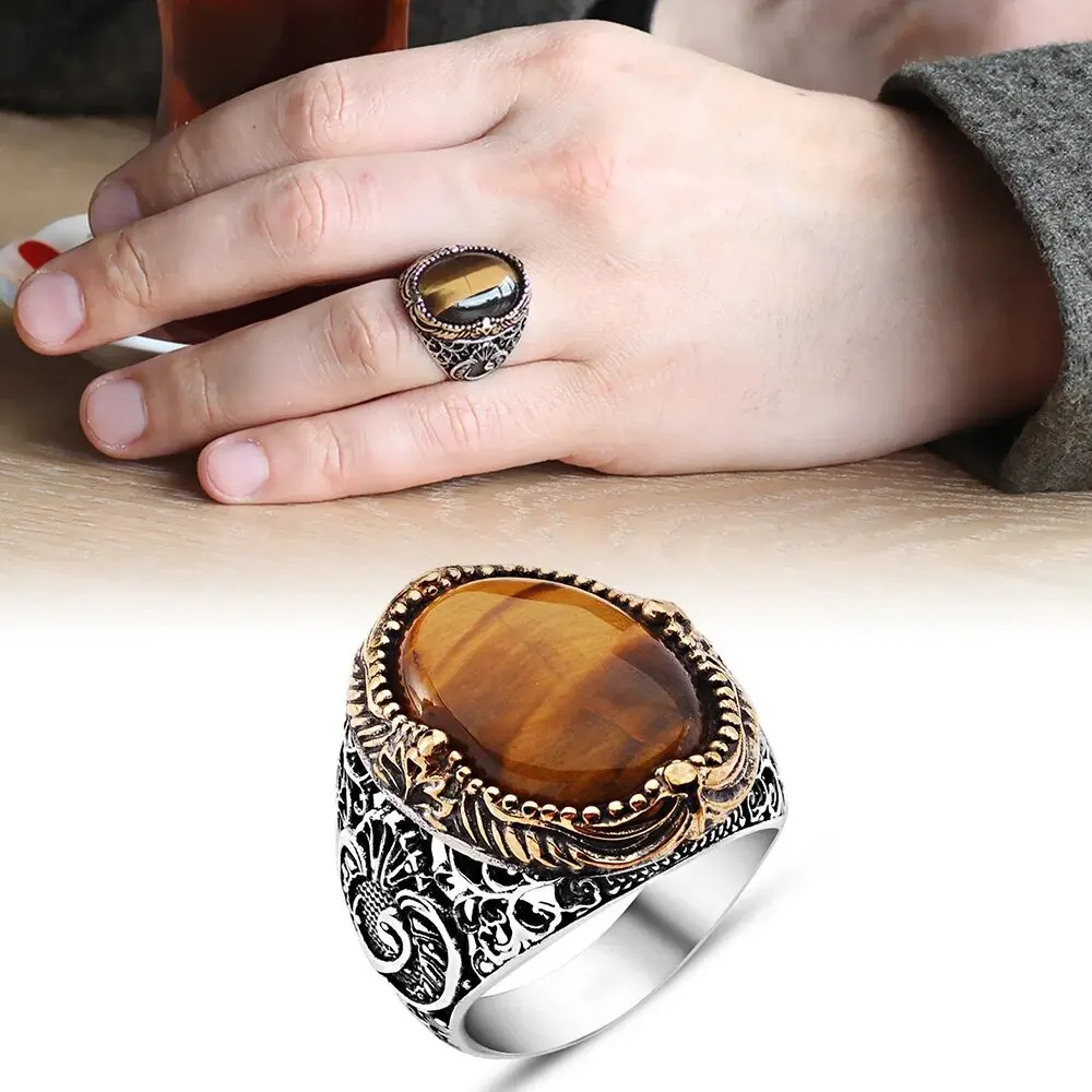 925 Sterling Silver Ring for Men  Tiger Eye Stone Jewelry Fashion Vintage Gift Onyx Aqeq Mens Rings All Size