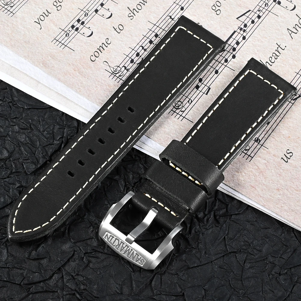 San Martin Watchband 22mm Quick Release Leather Strap Baha Calfskin Western Black Watch Band Steel Pin Buckle Soft Vintage