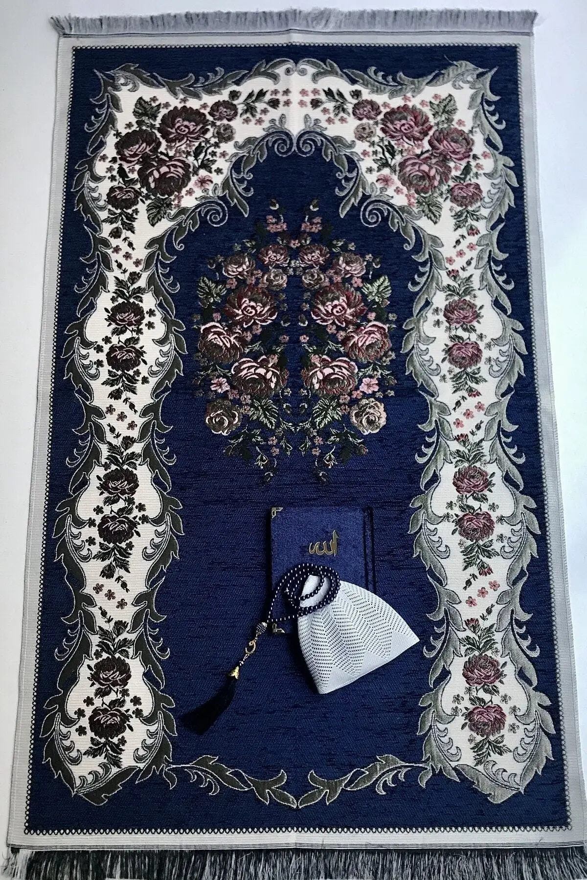 Kardelen Navy Blau Rosen Gebet Teppich Kopfband Perle Rosenkranz Samt Yasin Set