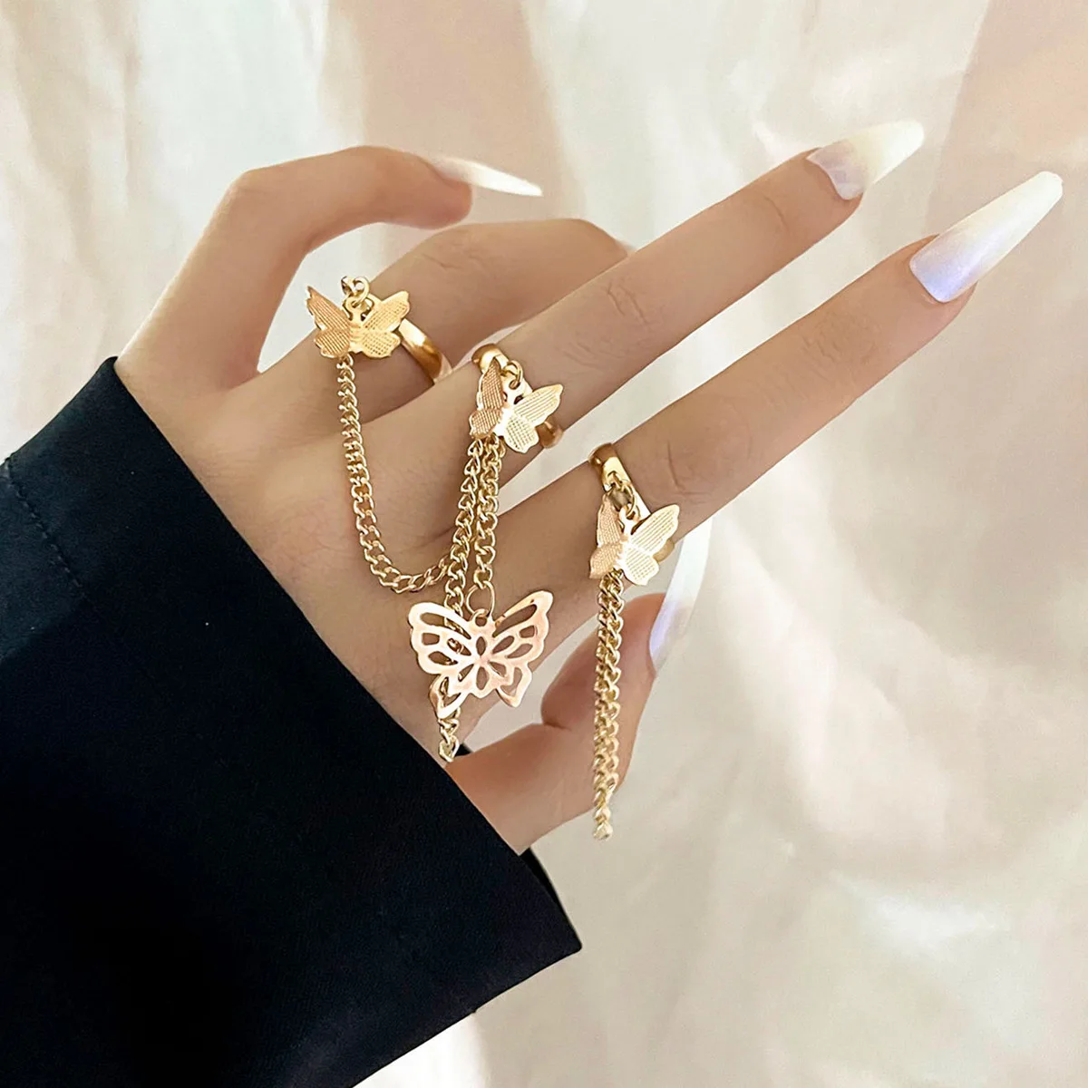 Punk Cool HipHop Tassel Chain Open Rings for Women Multi-layer Adjustable Finger Rings Party Travel Gift Jewelry