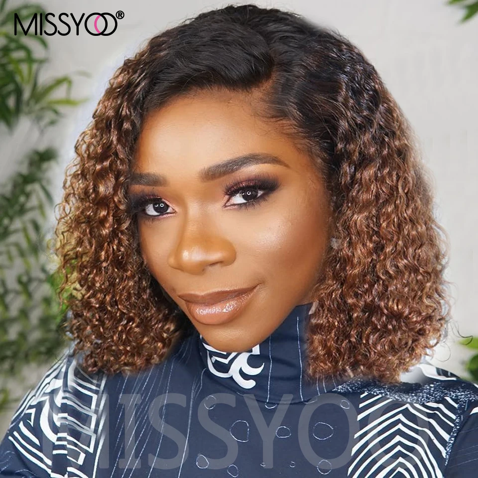 Ombre Honey Blonde Bob Curly Lace Frontal Human Hair Wigs Short Kinky Curly Colored 13x4 Lace Front Wigs Pre Plucked For Women