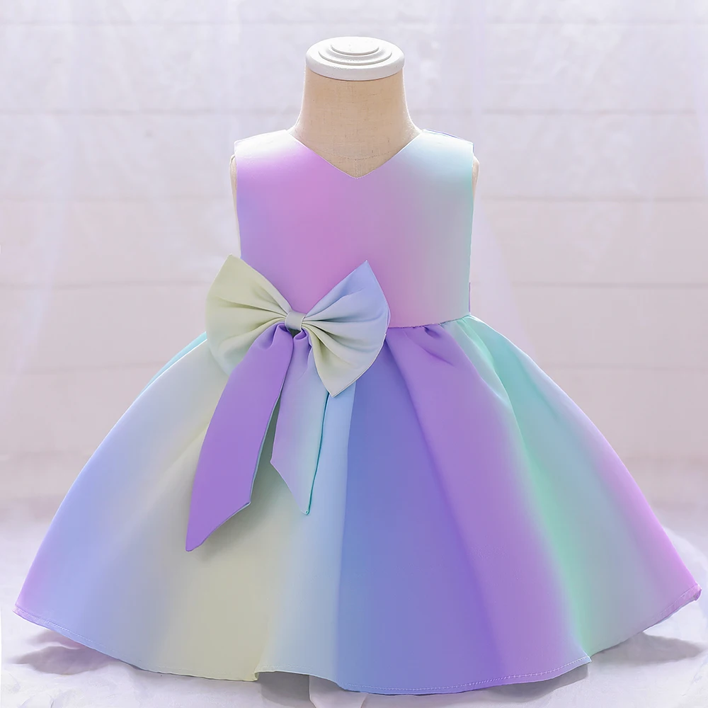 Elegant Gradient Bow Baby Girls Dress Summer 1st Birthday Party Prom Princess Kids Dresses for Girl Bridemaids Baptism Costumes