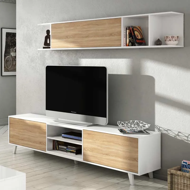 Living room dining room furniture, TV module + shelf, white Color and Canadian Oak, measures: 180x54x41 cm in background