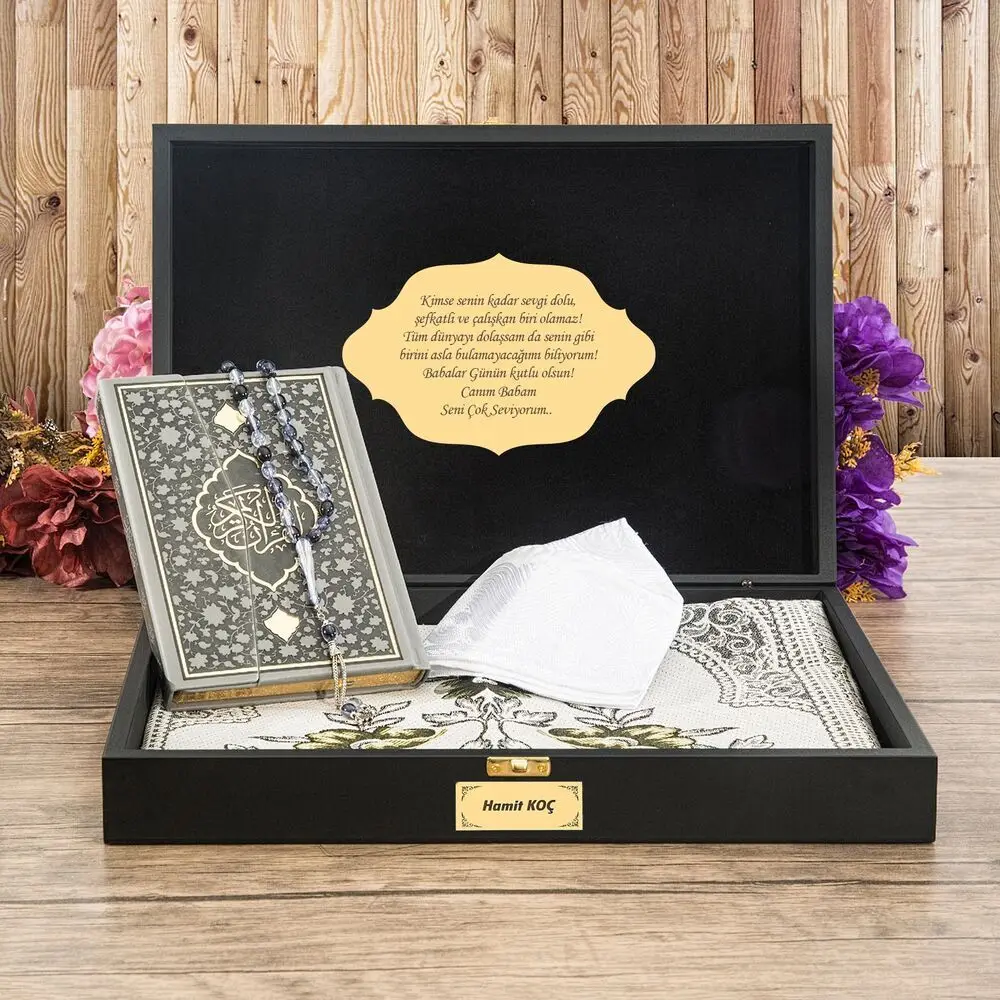 Luxury Muslim Gift Wooden Boxed Islamic Quran Set Prayer Rug Personalized Pearl Rosary Skullcap Wholesale Shopping Religious Items Ramadan 2023 Worship Societies Excellent Quality Mevlüt Groups Fashion