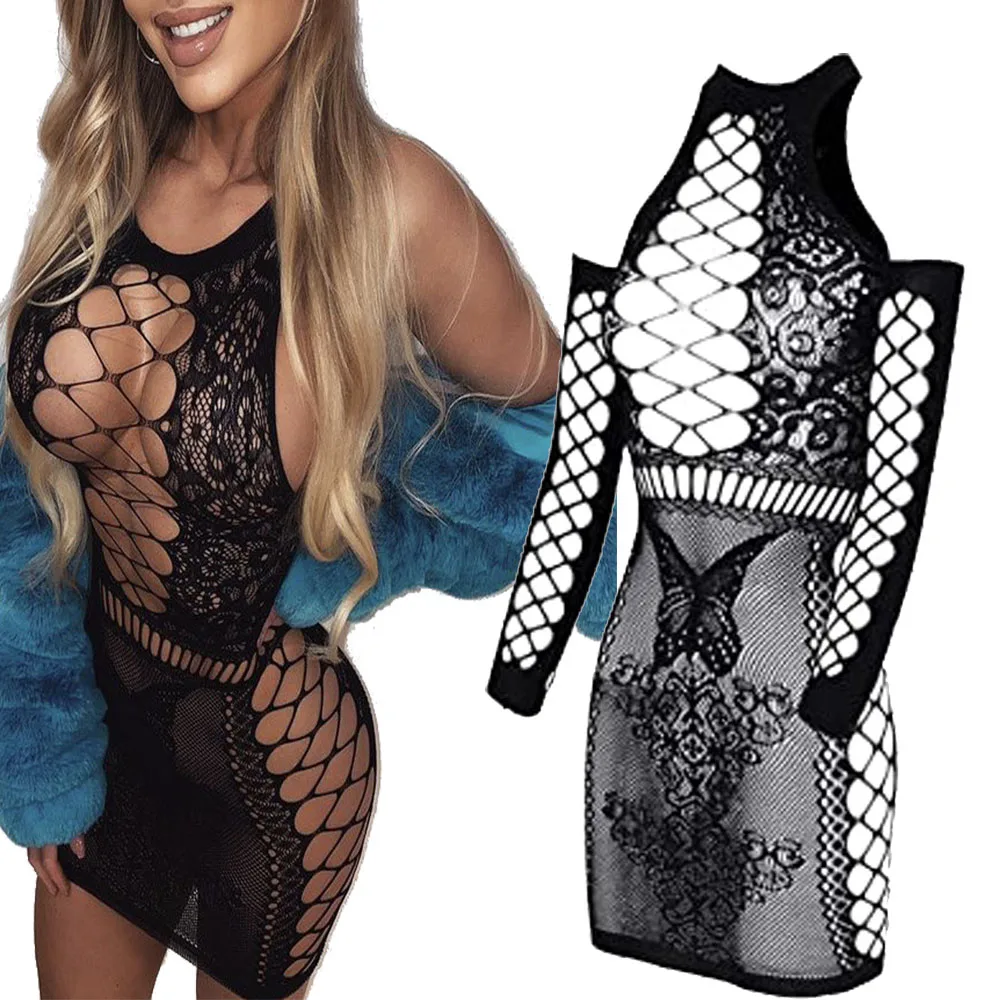 Erotic Lingerie Dress Sexi Women Fishnet Vestido Hollow Out Sexy Transparent Underwear Baby Doll Costumes Night Dresses