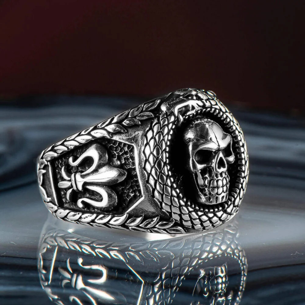 925K Real Sterling Silver Ring Skull and Snake Jewelry Handmade Biker Gift For Him Free Shipping Gothic Style Dropshipping