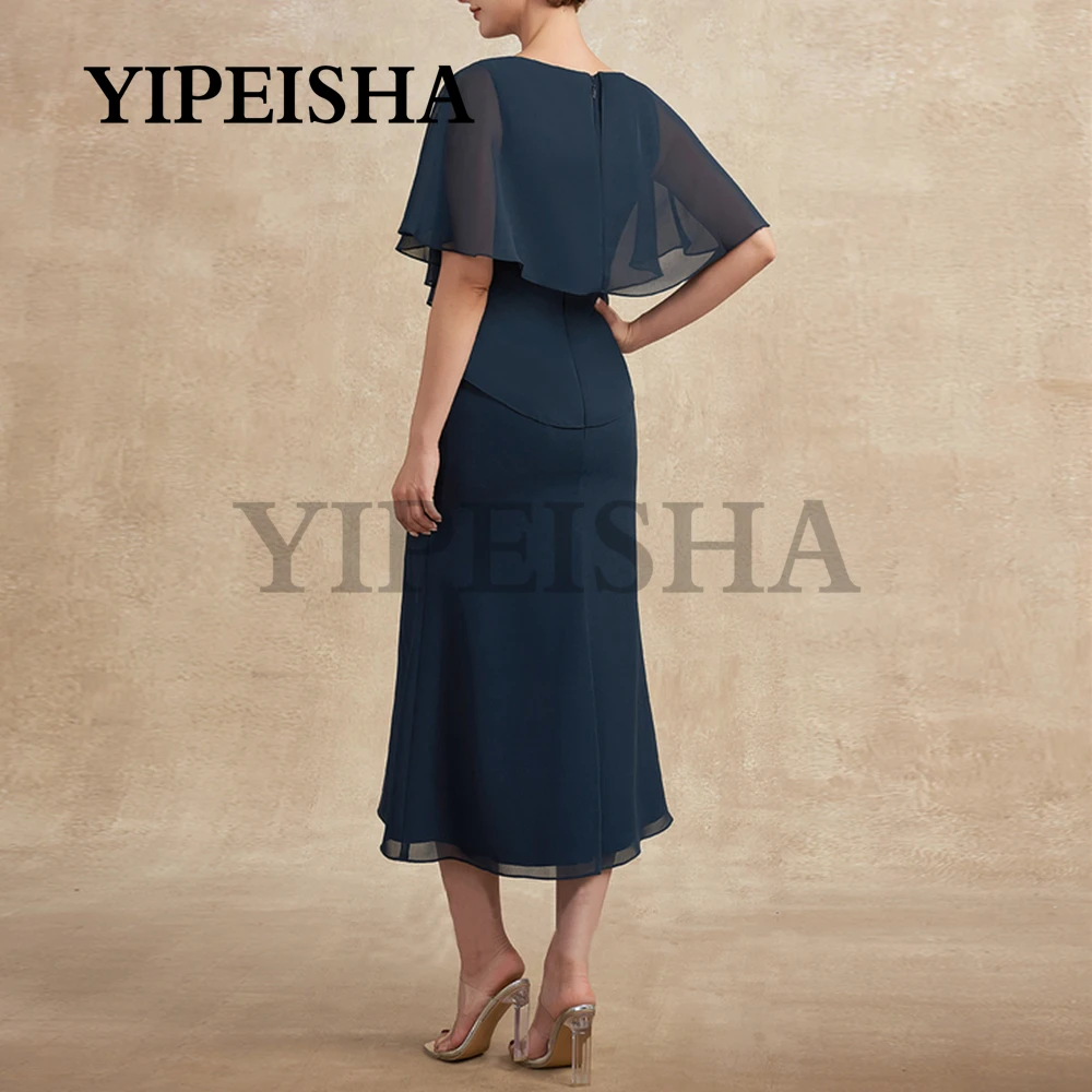 Simple Short Sleeve Navy Blue Mother Of The Bride Dresses Tea-Length Chiffon Wedding Guest Gown vestidos para madre de novia