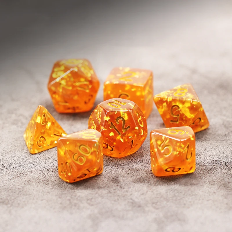 7Pcs/Set Silver Foil Orange Crystal Dice D&D COC Dice D4 D6 D8 D10 D% D12 D20 Table Games DND RPG Dice Set