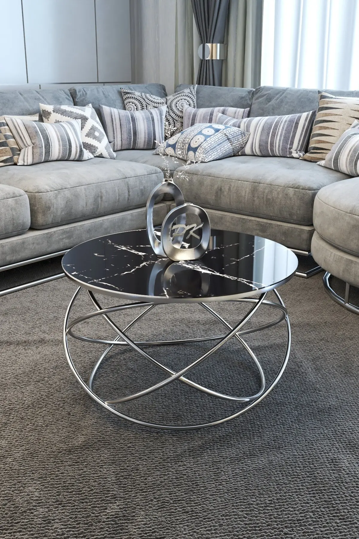 PLANET MODEL BROWN METAL STUDY TABLE CENTER TABLE SILVER LEGS BLACK MARBLE PATTERNED GLASS DINING TABLE MODERN