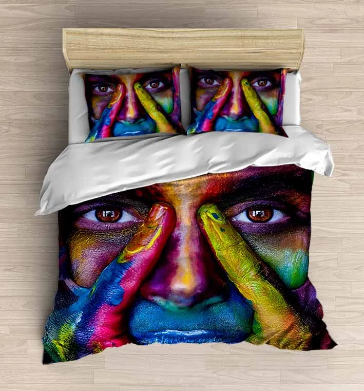 

Else 4 Piece Yellow Green Pink Blue Paint Face Eyes 3D Print Cotton Satin Double Duvet Cover Bedding Set Pillow Case Bed Sheet