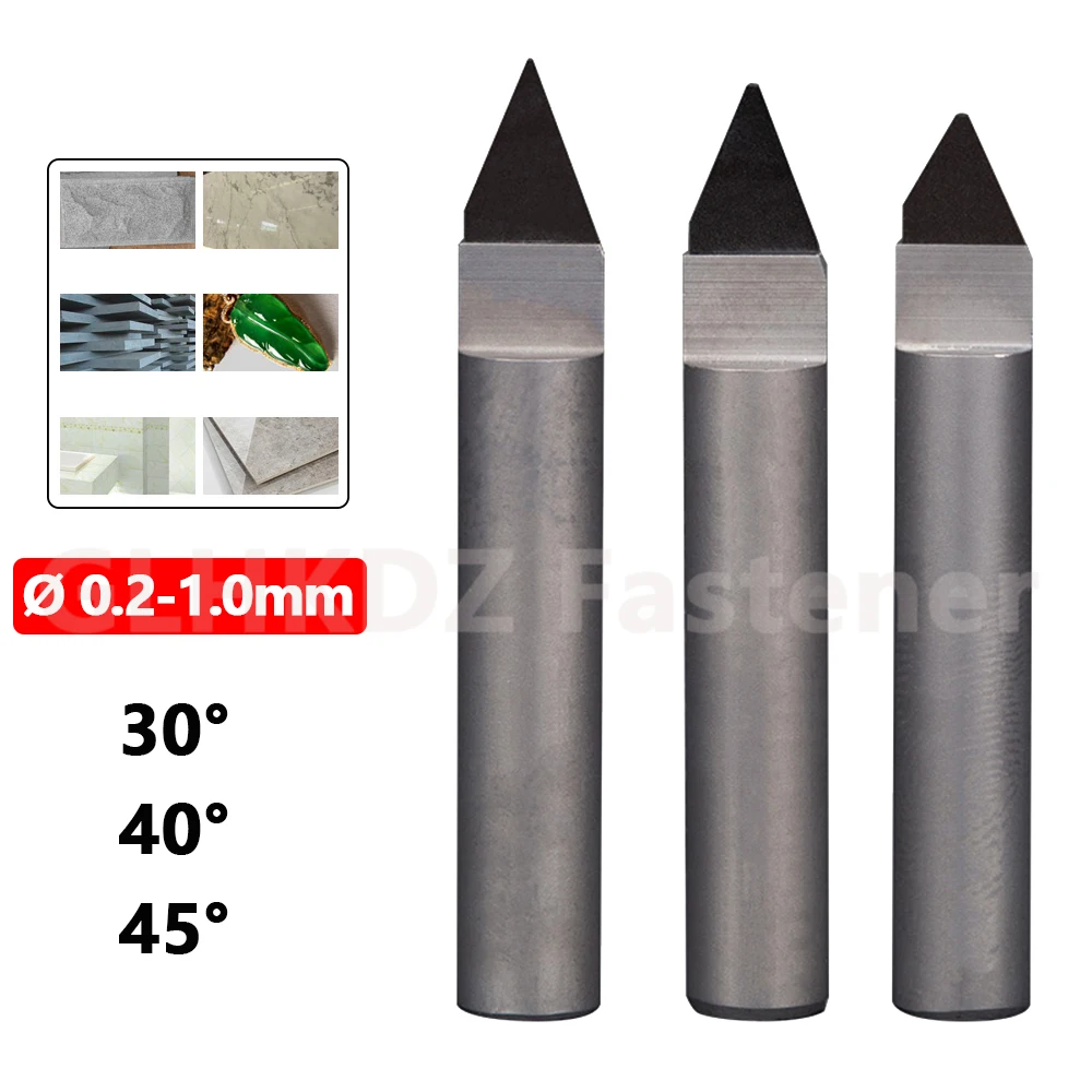 Ø 0.2mm-1.0mm 30/35/40/45 Degree Half Angle PCD Tipped Router Bit V-Shaped Engraving Bit Tapered Cutter for Marble Granite Stone