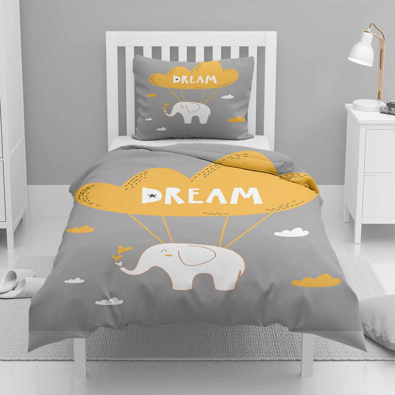 

Else 4 Pcs Yellow Gray Cute Dream Elephant 3D Print Cotton Satin Chidren Kids Duvet Cover Bedding Set Pillow Case Bed Sheet