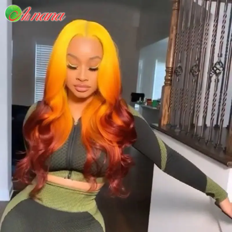 Peruca 3 tons de cabelo humano, cor amarela, laranja, vermelho, ombré, 13x4, renda frontal, pré-selecionado, malásia, para mulheres negras, densidade 150%