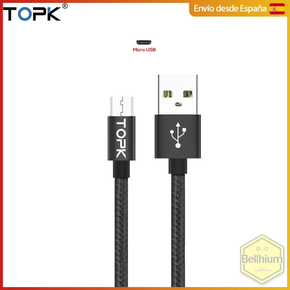 TOPK Micro USB Cable for charging or data transfer, various colors available, fast shipping