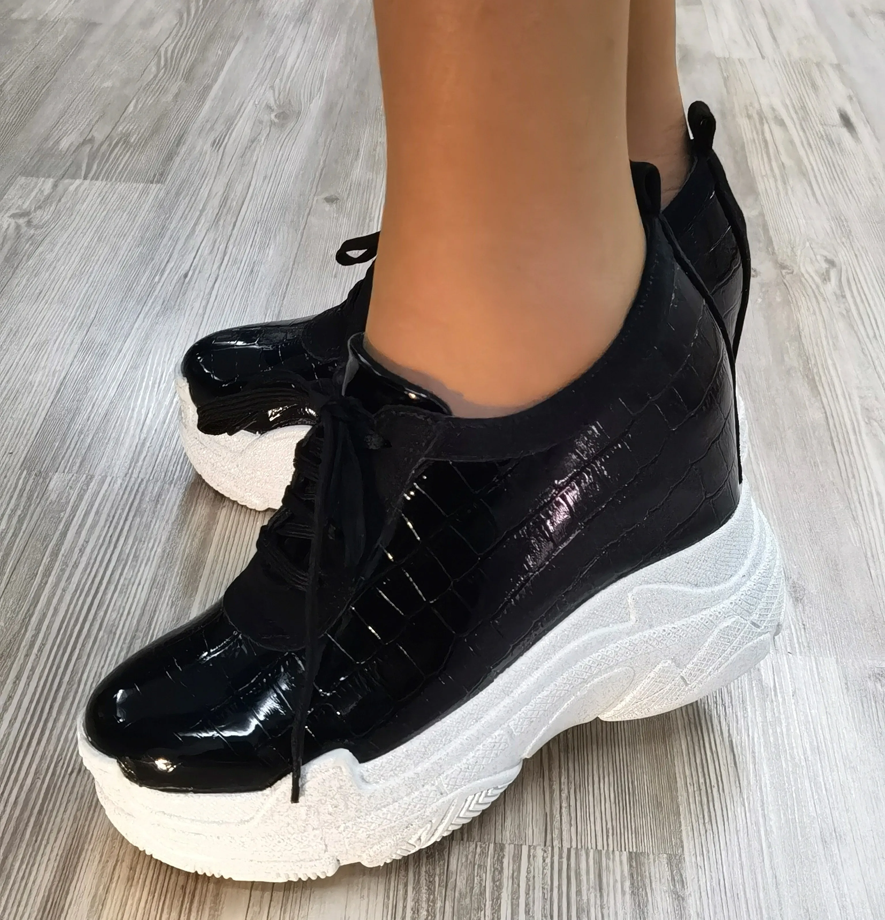 Elegant Black Hidden Wedge Platform Women's Shoes - Comfortable Black Crocodile Leather, 12cm Heel Heigh black woman sport shoes