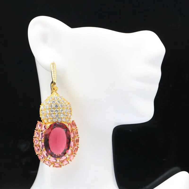 

60x26mm Jewelry Set Long Big 20g Created Pink Tourmaline CZ Woman's Dating 14K Gold Silver Pendant Earrings