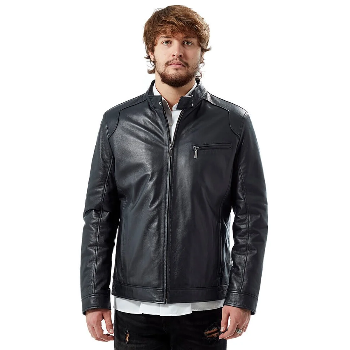 Manli Leather Jacket Navy Orjinal Lambskin Autumn Winter 2022 Biker Slim Large Size VintageTürkiye