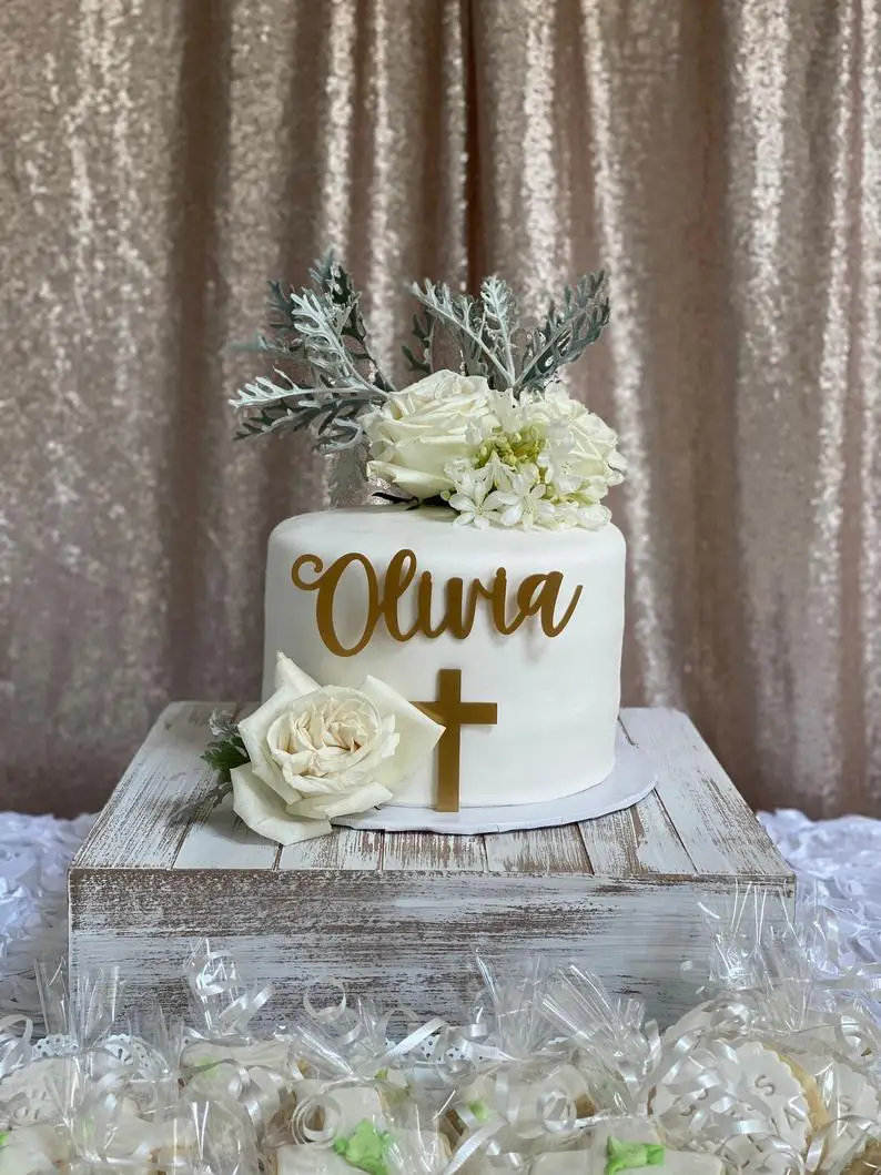 

Personalized Baby Christening Cake Name Plaque，Cake Topper With Name Of Baptism And Cross,Baby Shower Cake Topper