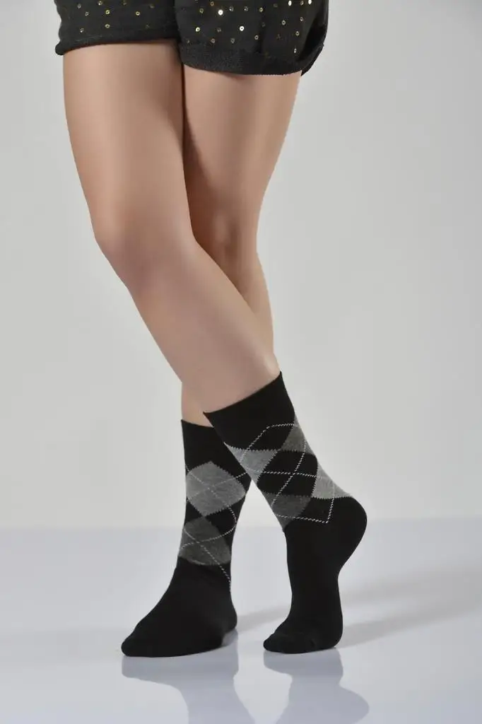 Idilfashion Women Konç Part Checker Socket Socks-Black-B-ART015 (3'LÜ PACKAGE)