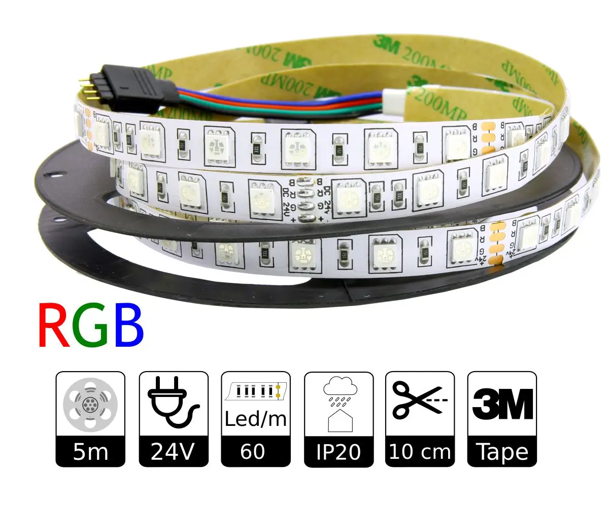 Jandei Led strip 24v RGB, indoor IP20 or outdoor IP66, 60led/m Smd5050 adhesive 3m coil 5m light strips, led strips, light strips