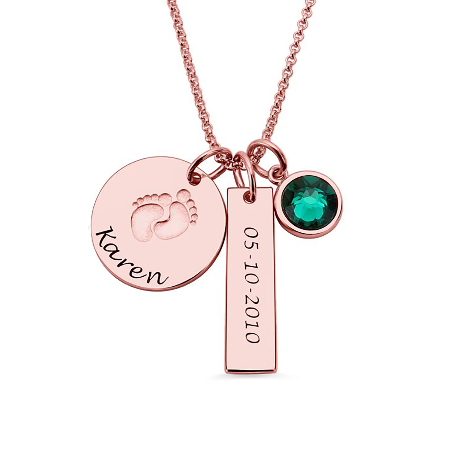 Baby Feet Disc Necklace Birthstone Bar Pendant Rose Gold Stainless Steel Custom Etch Name Jewellery Mother's Day Gift For Her