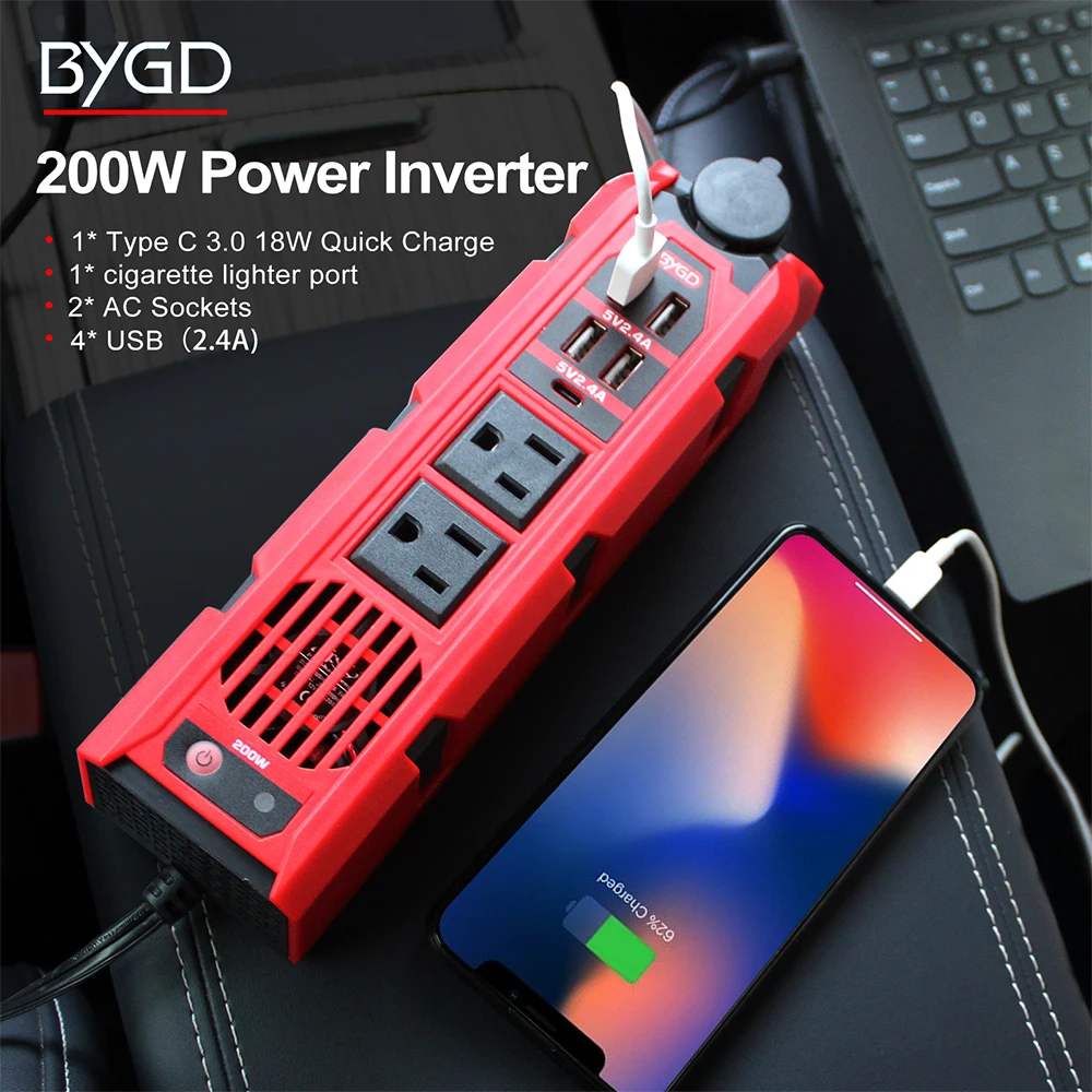 200W Auto Power Inverter DC 12V bis 110V AC Converter Zigarette Leichter Dual AC Outlets Typ C 2,4 EIN 4 USB Schnell Ladegerät Adapter