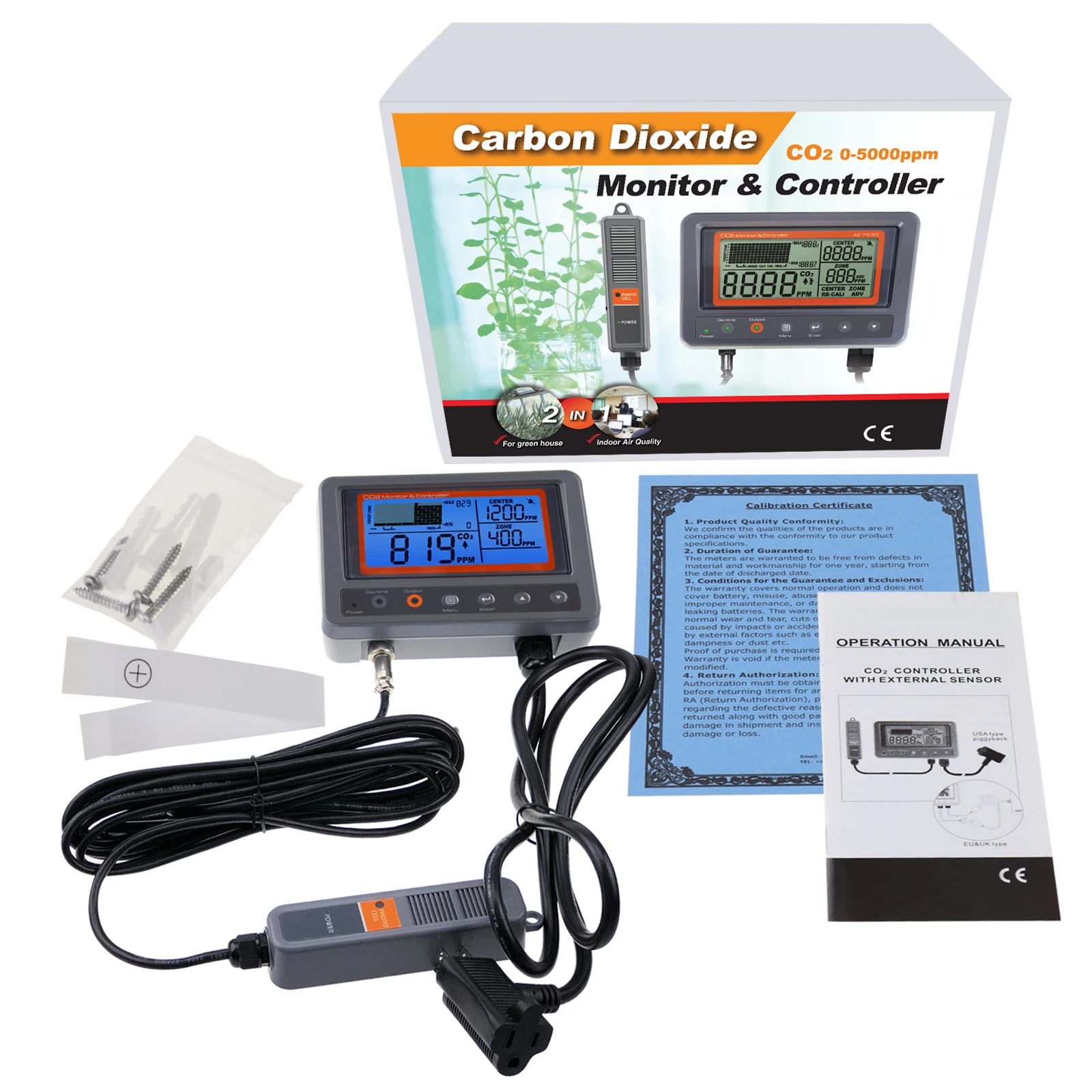 Carbon Dioxide CO2 IAQ Monitor Controller for Green House Home Office Factory w/ Relay Function NDIR Sensing Probe