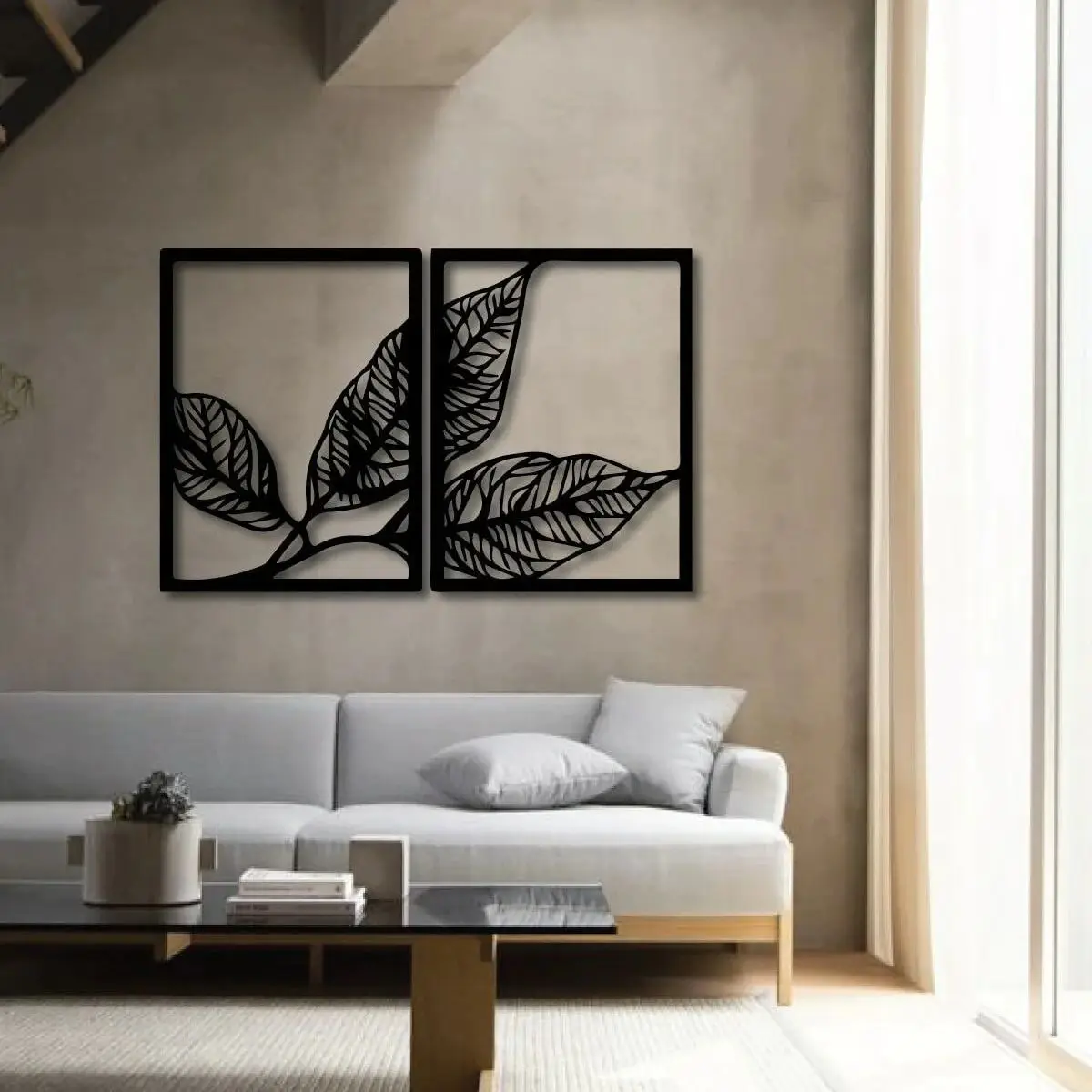 Wall Art Decor Leaf Patterned Metal Table 33x49x2 Cm 3D New Black Set Of 2 Home gift Living Room Bedroom Stylish Decoration