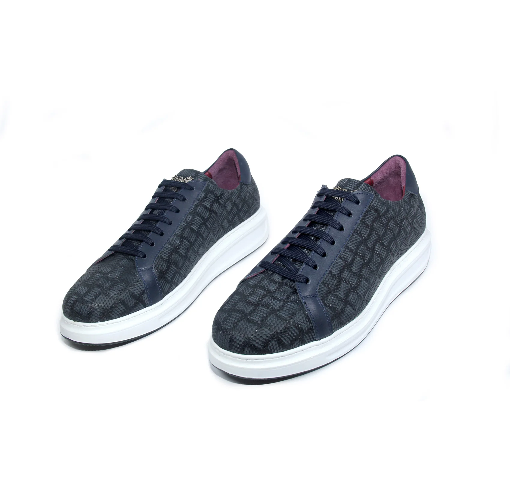 Handmade Dark Blue Sport Sneakers with Natural Calf Skin, Patterned Matte Embossed Lazer Leather, Men's Casual Lightweight Shoes