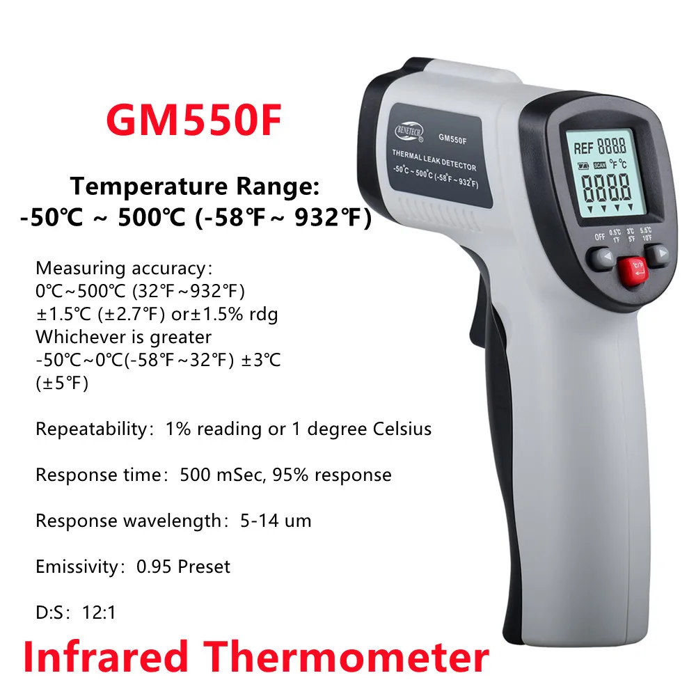 

5PCS GM550F -50℃~500℃ Infrared Thermometer Non-Contact Infrared Laser Temperature Meter Gun LCD Display Industrial Pyrometer