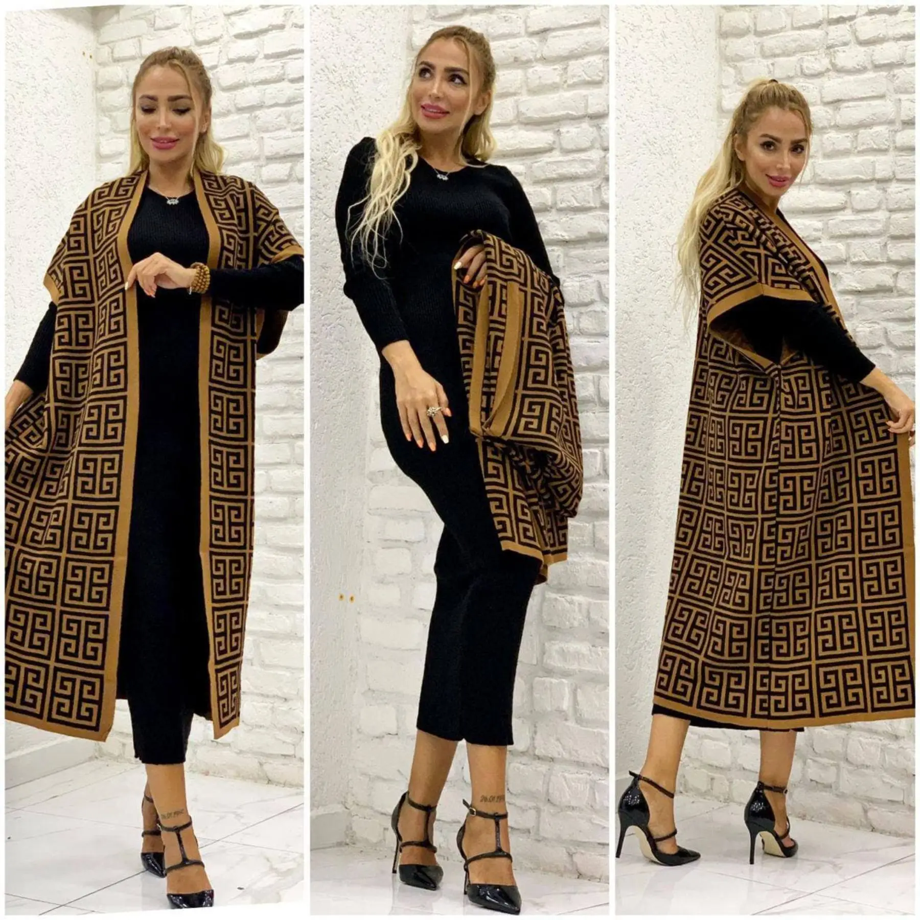 2 Piece Women\'s Set %100 Cotton Knitwear From Turkey Turtleneck Dress and Cardigan Suit Elastic Waist Loose Fit Big size African