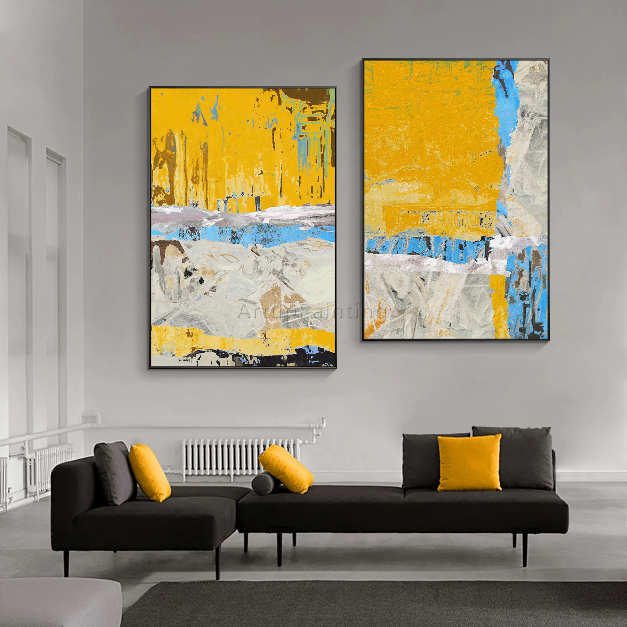 

Set of 2 Modern abstract Yellow light blue Hand painting on canvas wall art pictures for living room decoracion wall poster