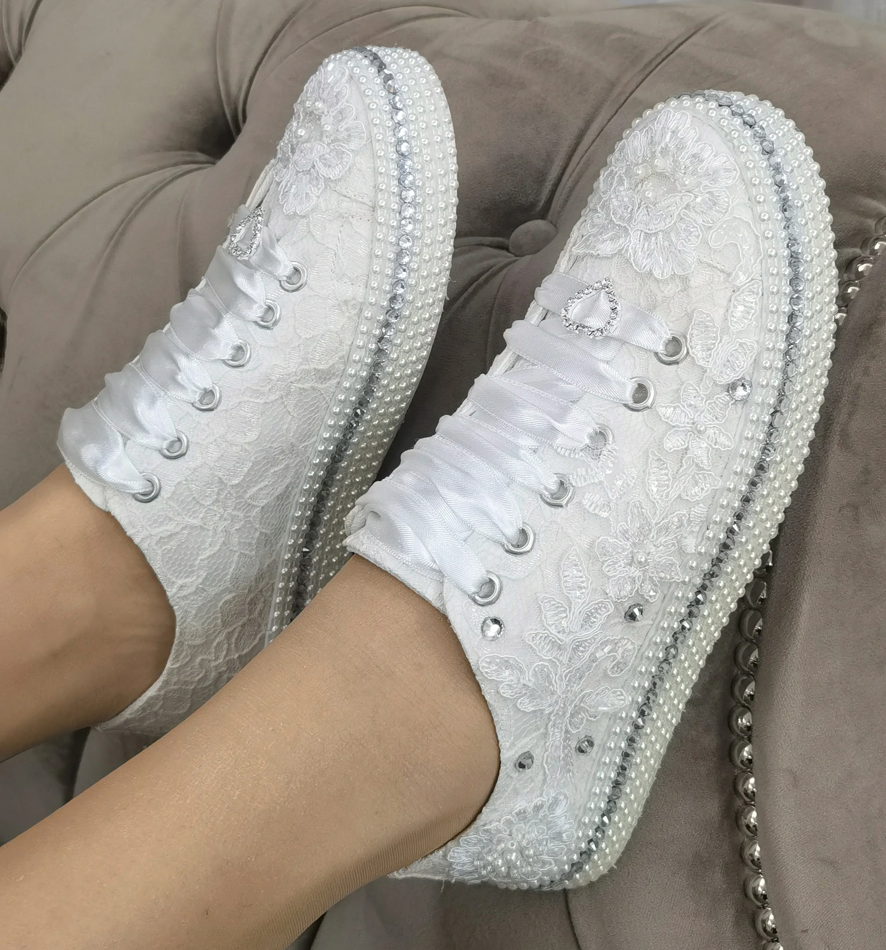 Luxury  Bridal Sneakers IVORY Pearl Crystal Stone and Handwork  Design Bridal shoes Bride Shoes Party Shoes Dance Shoes Wedding