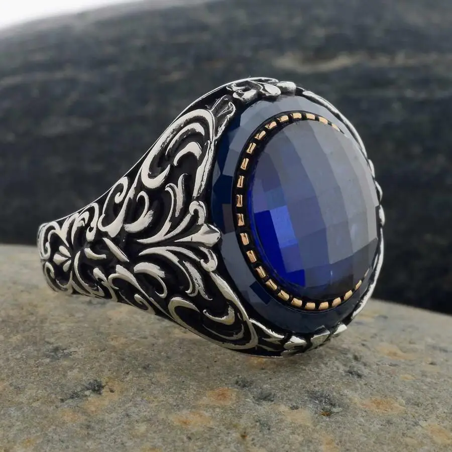 Faceted Blue Zircon Stone 925 Sterling Silver Men's Ring Surrounded by Blue St Fashion Turkish Premium Quality Handmade Jawelery