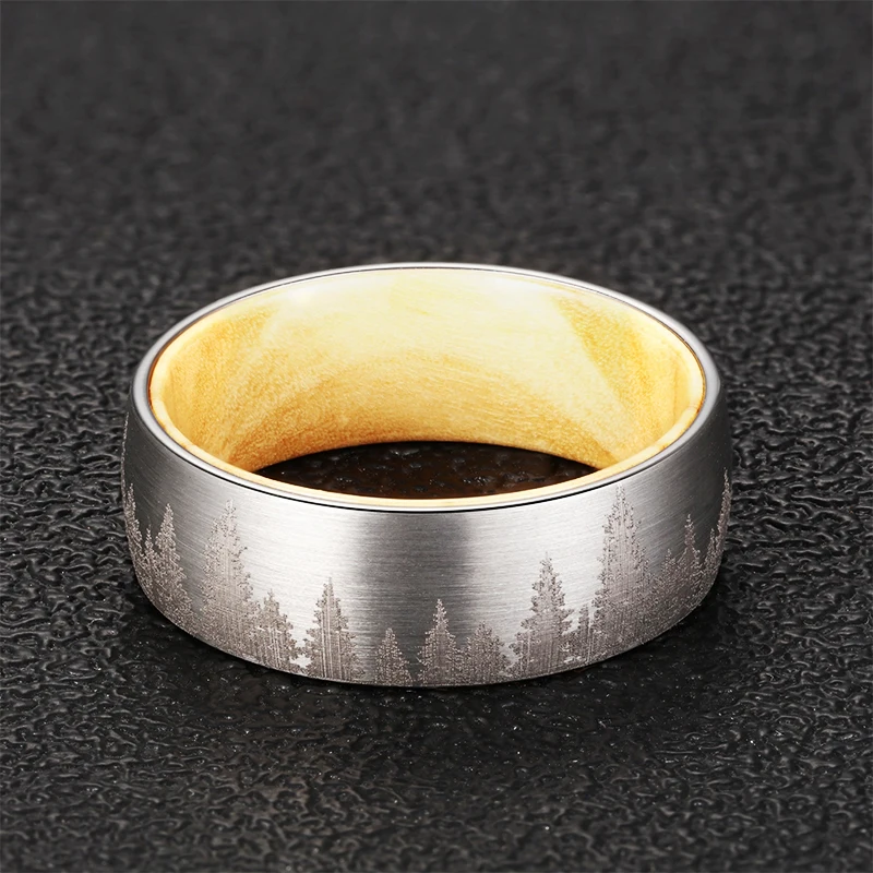 Rings For Men  Popular Models Tungsten Steel Ring 8mm Laser Forest Pattern With Solid Wood Inner Black Steel 2 Color