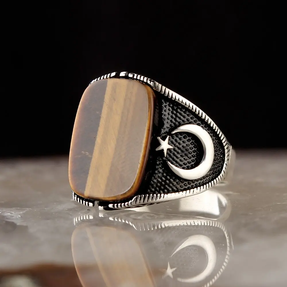 Tiger's Eye Gemstone Crescent 925 Sterling Silver Ring